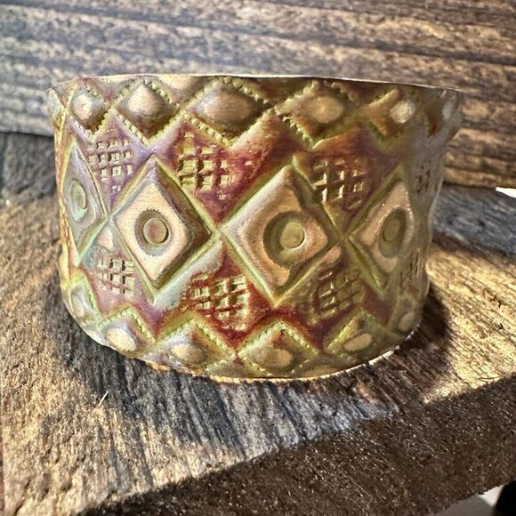 Handcrafted Artesian Boho Brass Patina Bracelet, Burnt Orange Diamonds and Squa - Picture 2 of 7